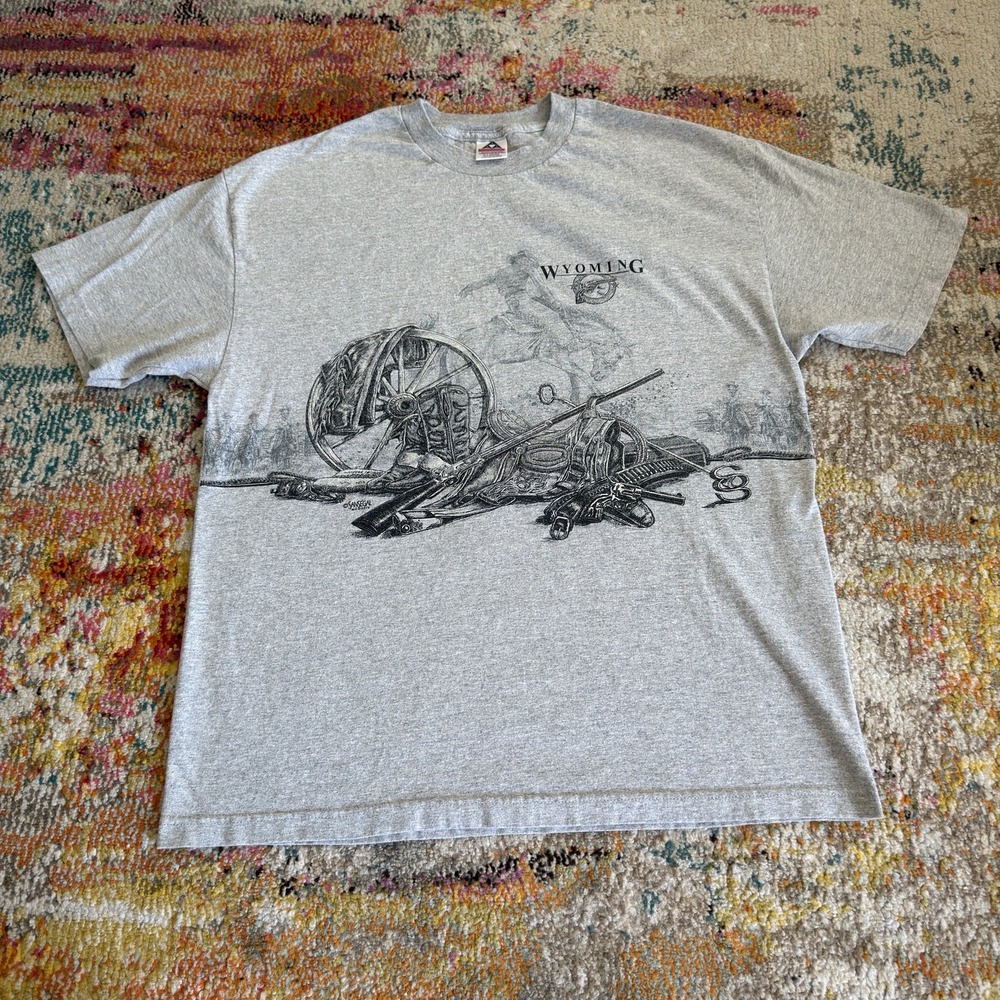 Vintage 1994 San Segal Wyoming Graphic T Shirt Mens XL Gray Western Cowboy